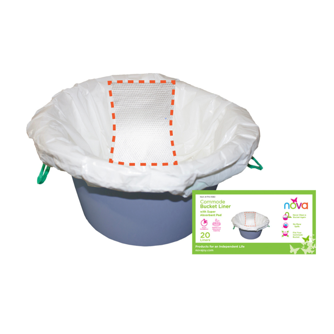 The Nova Medical Disposable Commode Bucket Liners - 20 Per Box includes blue commode bucket liners with white disposable pads featuring leak-proof technology and red dotted edges.